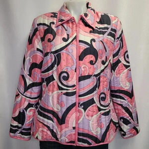 Vintage 90s Silk Quilted Whimsical Print Sequin Jacket Pink Purple Large